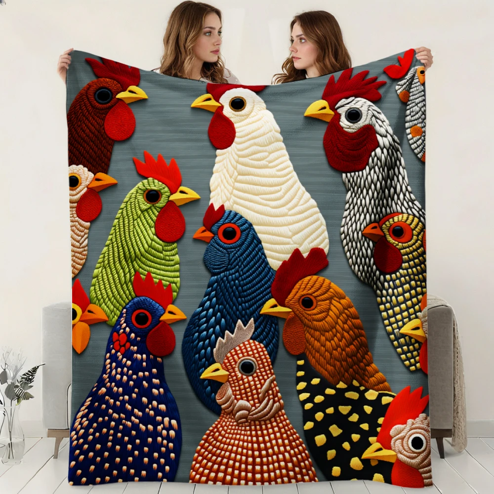A Vintage Rooster Blanket Art Piece Made of Flannel, Featuring a Rooster Design. It'S Soft, Warm, And Comfortable, Making It a P