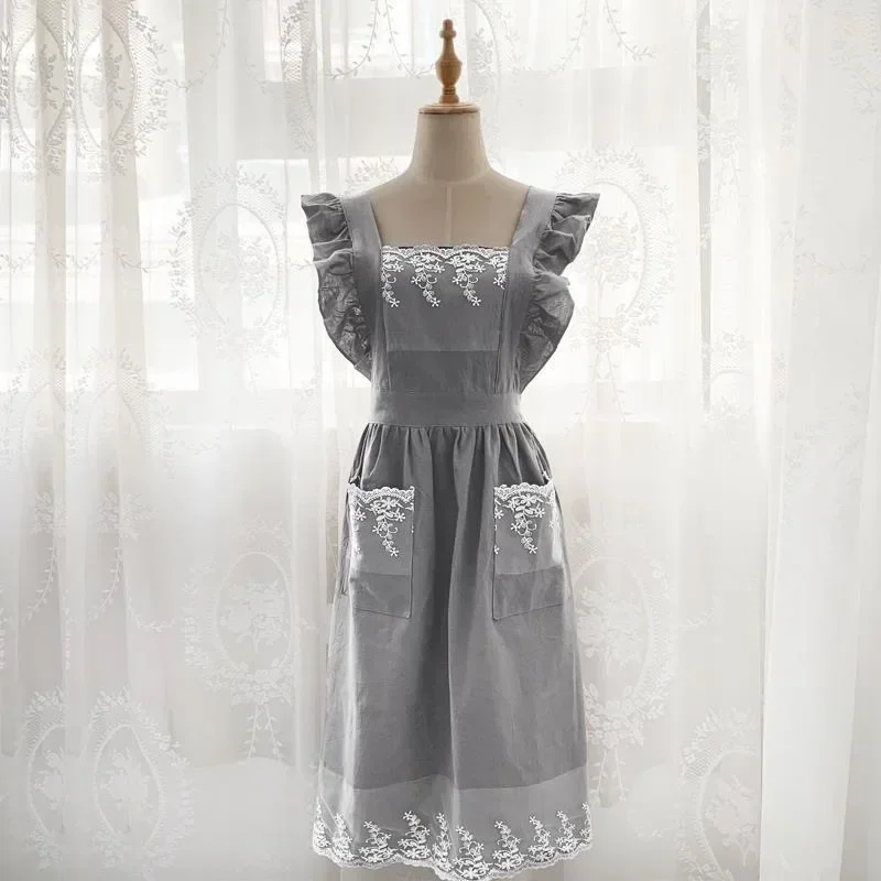 Washed Cotton Linen Lace Kitchen Aprons Flower Shop Garden Ruffles Work Clean Apron for Woman Dress DROPSHIPPING