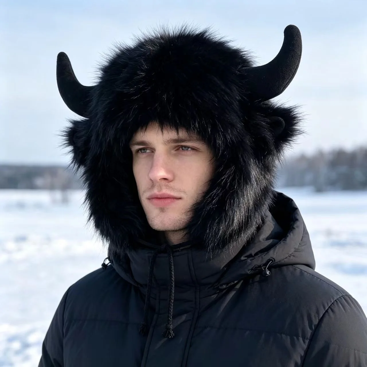 High Quality Unisex Bullhead Hat Thick with Horns Earflap Hat Windproof Fluffy Funny Hat Bomber Hats 5