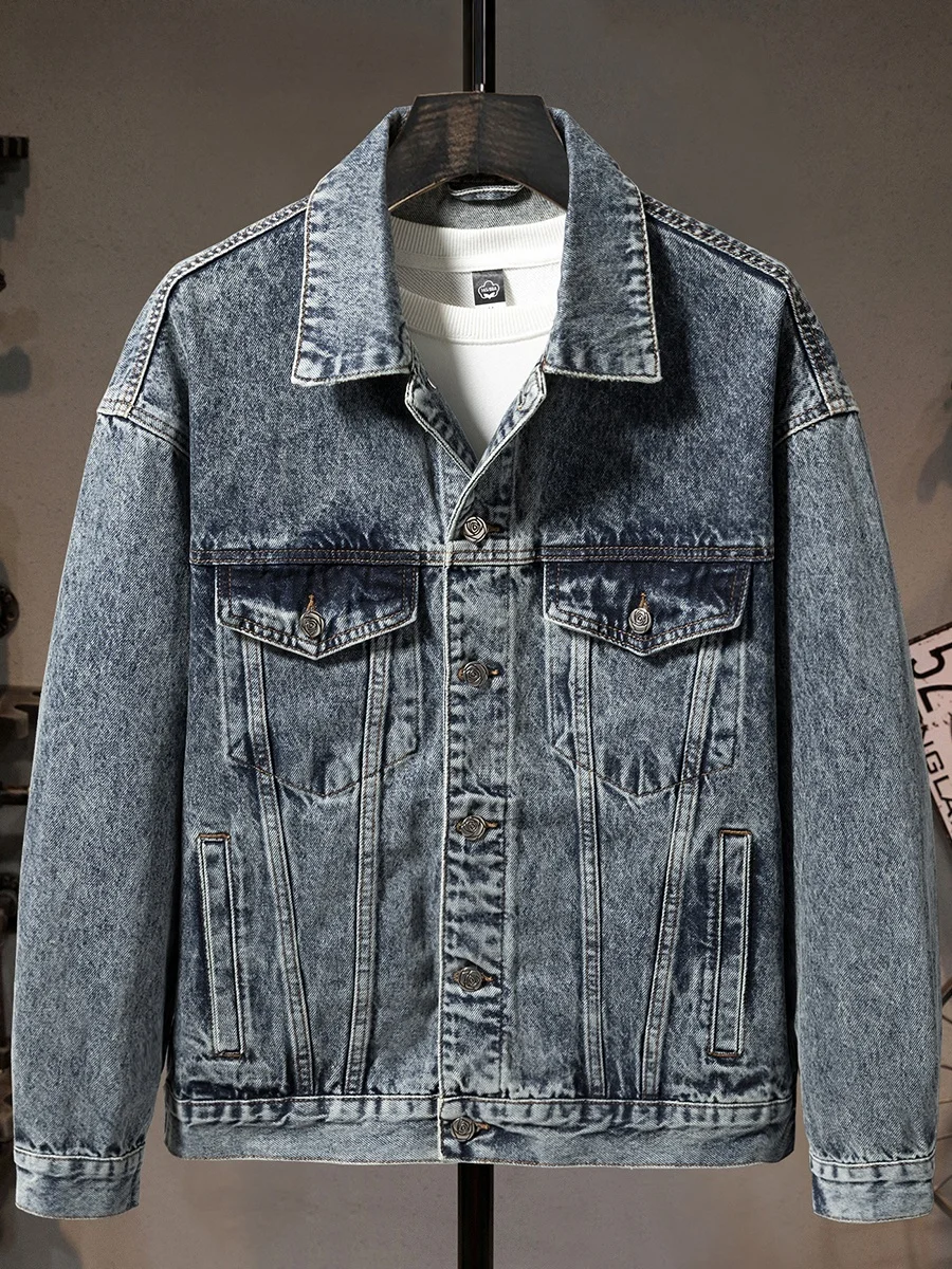 

Retro Waed Denim Jaet Men's Casual Sle Workwear Coat Stand Fit Cotton Polyester Blend Long Sve Button Closure