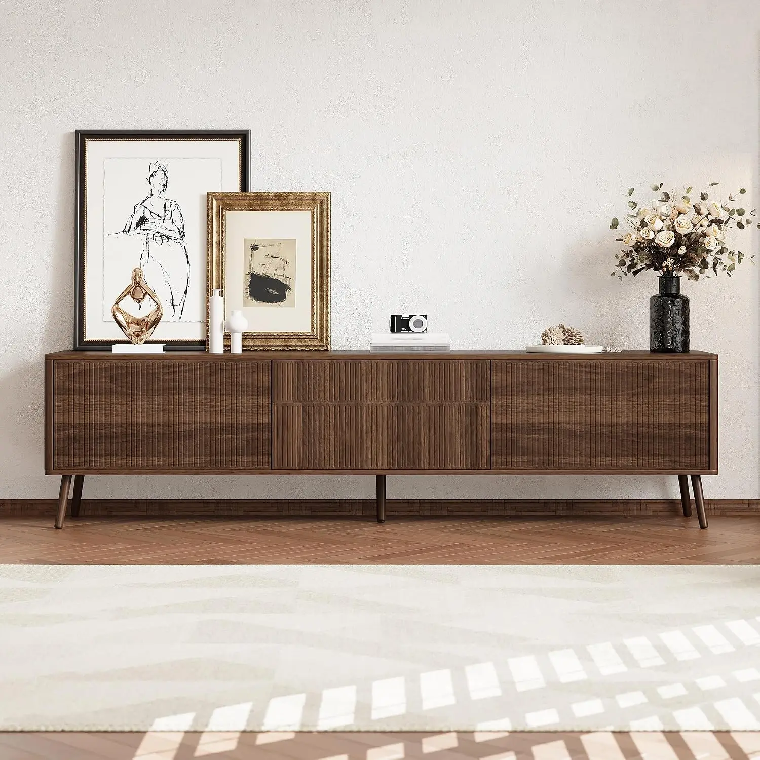 Mid-Century TV Stand with 2 Doors & 2 Fluted Drawers Media Console for 80 Inch TV Cable Management Living Room, Customized