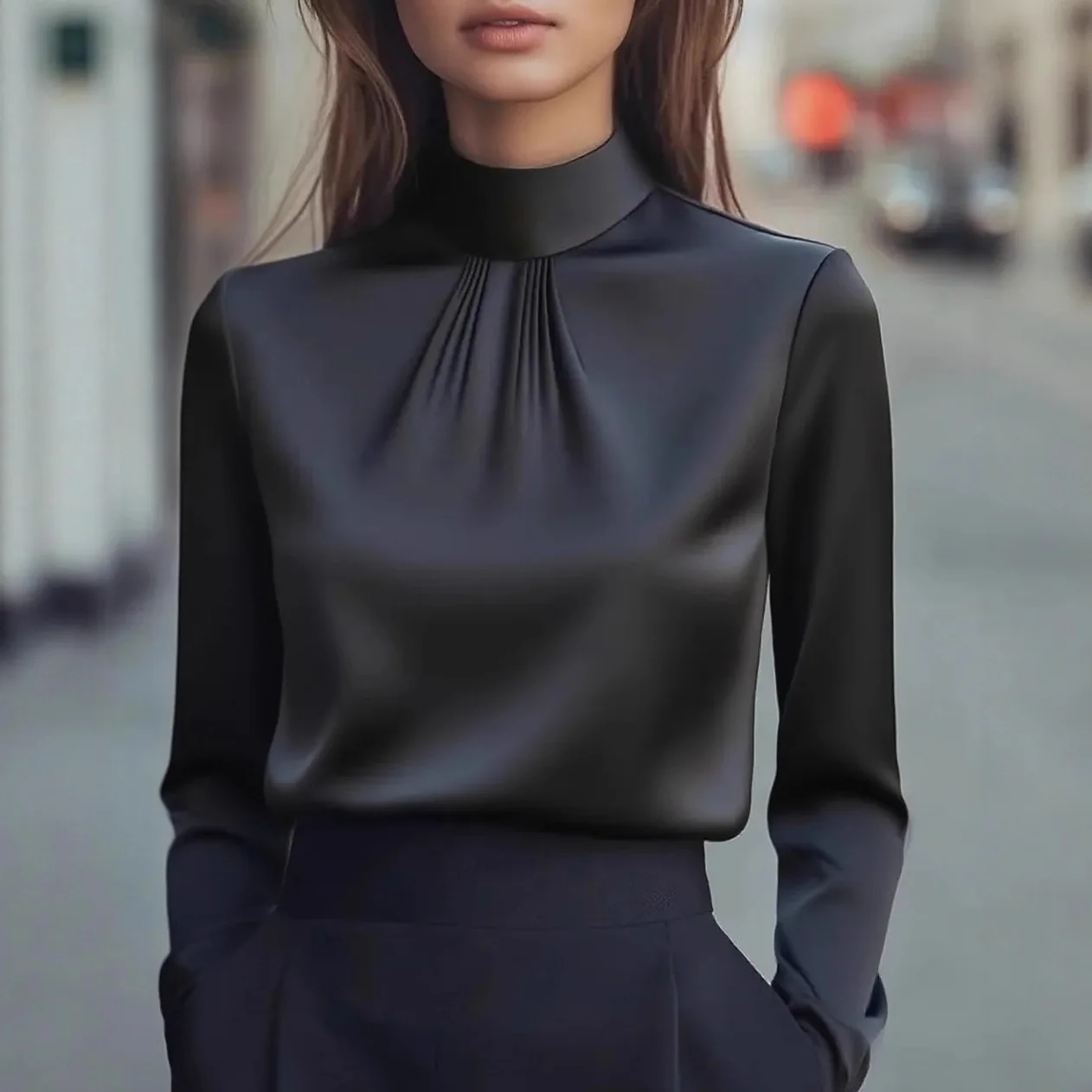 

Women's Stand Up Collar Forged Black Pullover Blouses 2026 Spring Fashion Elegant Solid Color Long Sleeved Women's Top Shirt