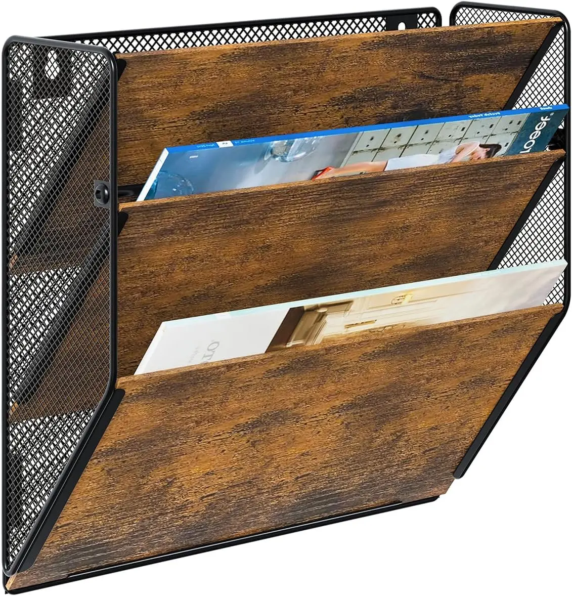 

3-Tier Wall File Organizer, Rustic Hanging Storage Rack for Documents/Magazines/Mail, Brown
