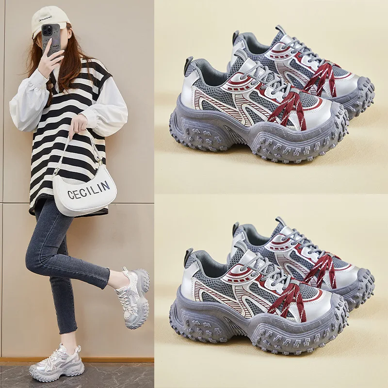 

Кожаные повседневные кроссовки на платформе, женские трендовые весенние роскошные дизайнерские туфли с сеткой, дышащие спортивные элегантные теннисные женские туфли на толстой подошве