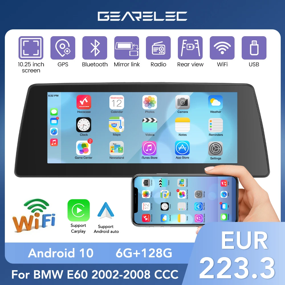 10.25 ” Screen Wireless CarPlay Car Stereo 4G Android 10 for BMW E60 2002-2008 CCC Bluetooth WiFi GPS Navigation AM FM Radio