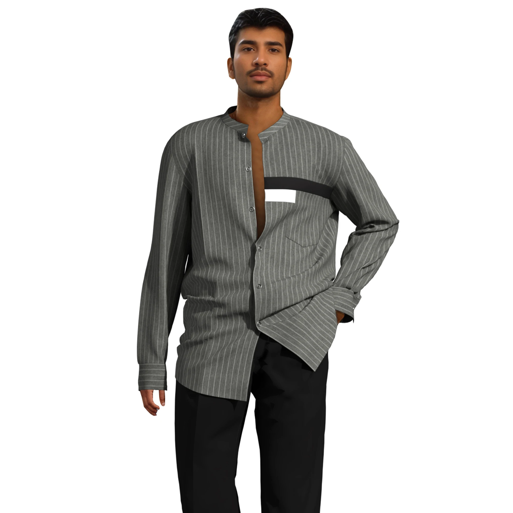 New African Men Vertical Stripe Tunic Shirt, Suit Fabric Long Sleeve Top with Contrast Pocket, Assorted Colors WYN2052
