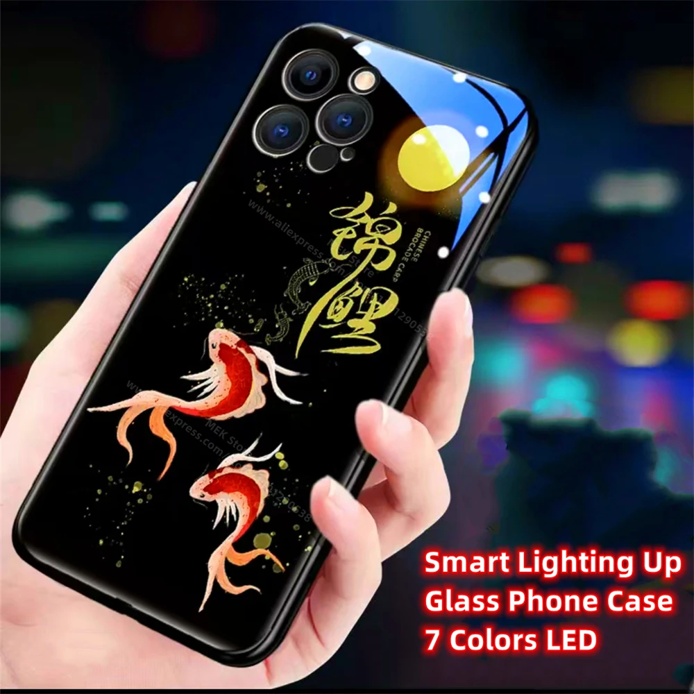 Moonlight Koi Carp LED Light Phone Case Glitter Shockproof Cover For iPhone 16 15 14 13 12 11 Pro Max X XS XR Plus SE2020