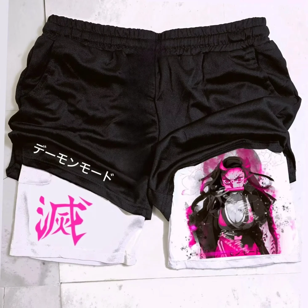 Demon Slayer Original พิมพ์กีฬา Double-Layer กางเกงขาสั้นฤดูร้อน Men's GYM ฟิตเนส Breathable Quick-Drying Casual 2-in-1 กางเกงขาสั้น