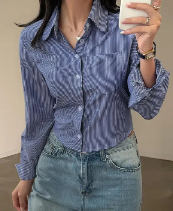 

Casual Vacation Striped Button Long Sleeved Shirt for Women, Fashionable Slim Fit Lapel Pocket, Short Length Long Sleeved Shirt