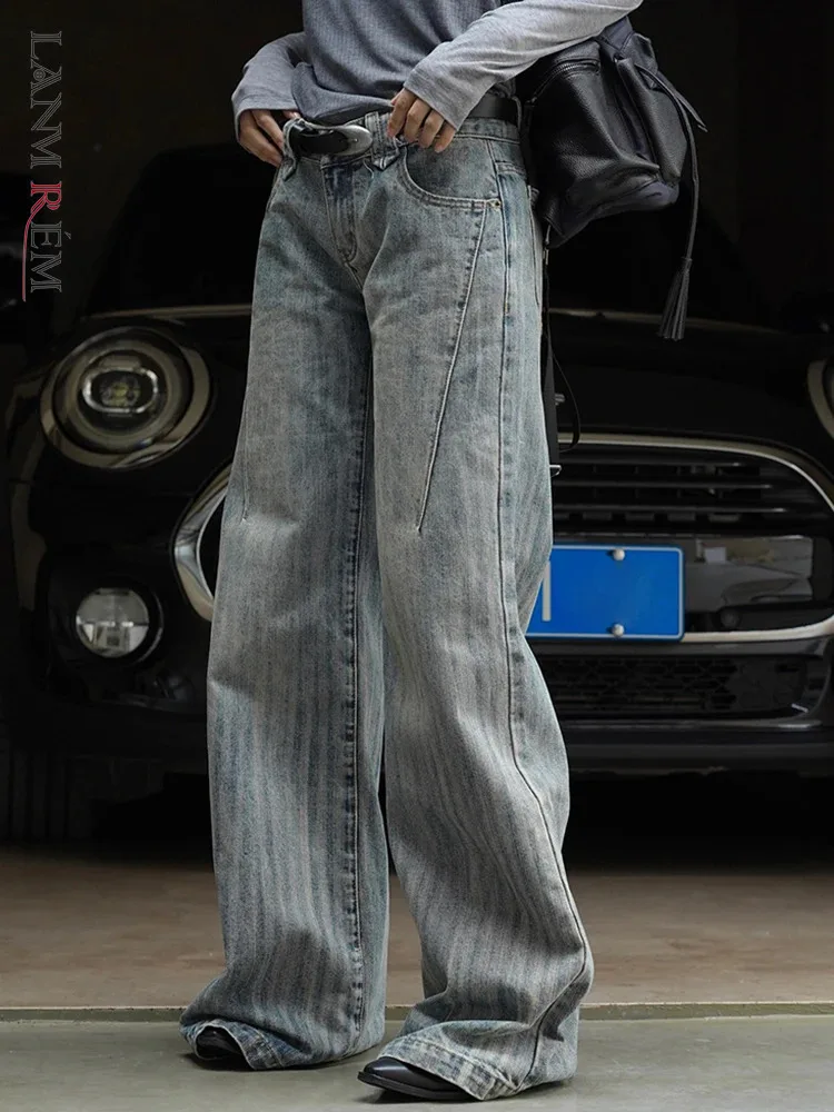 [LANMREM] Streetwear Mid Waist Jeans For Women Washed Striped Wide Leg Denim Pants Vintage Trousers 2024 Spring New 26D8623