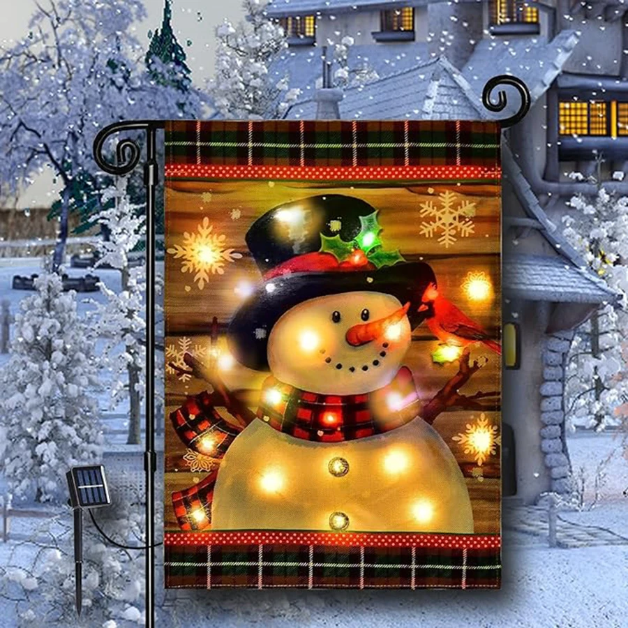 

Solar Powered Merry Christmas Snowman LED Lighted Winter Garden Flag 12x18 Inch Vertical Double Sided Christmas Flag for Outdoor