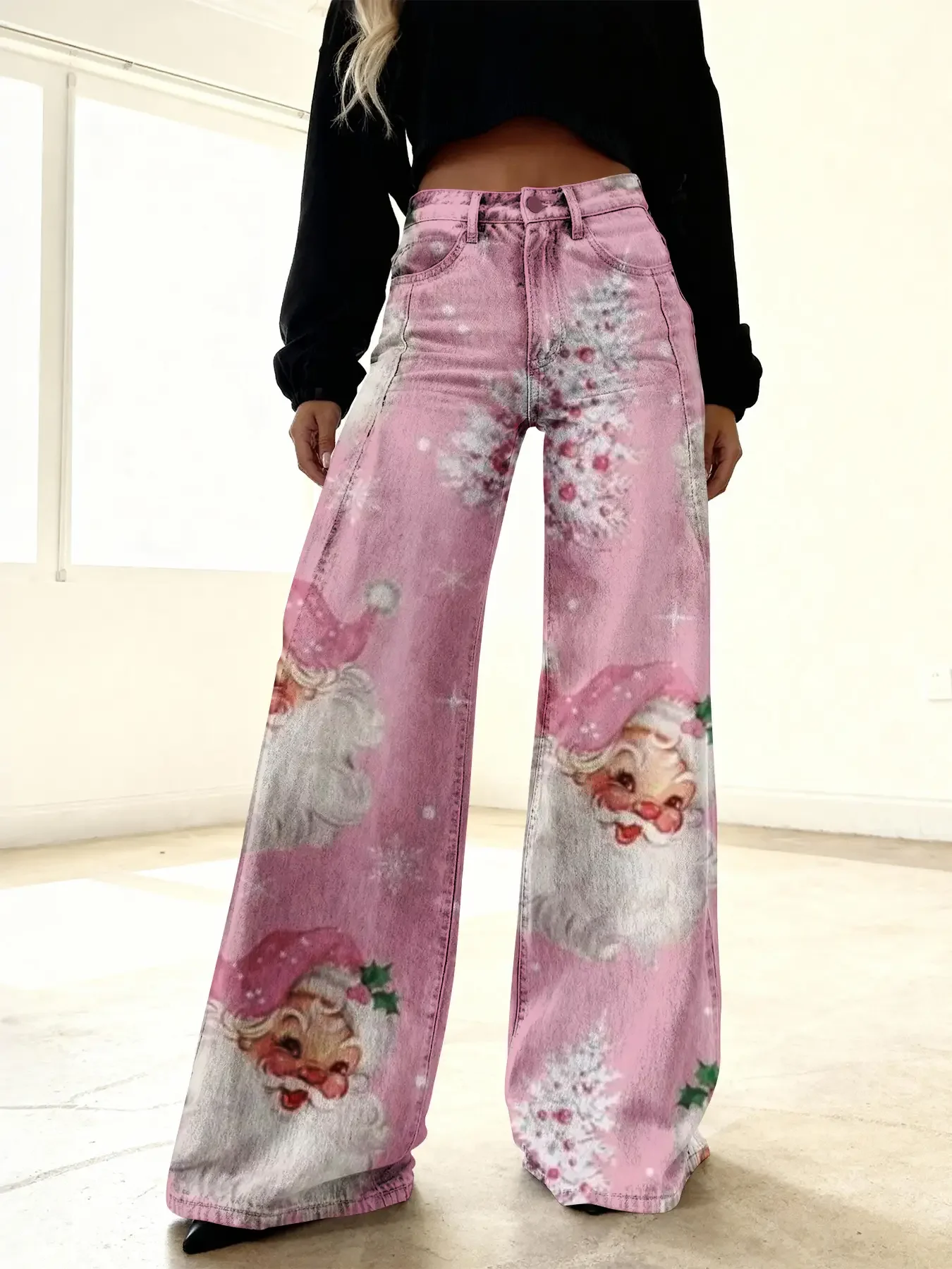 Women's imitation denim printed high waisted flared pants, sweet and cute, Loose leg shape makes you look slimmer