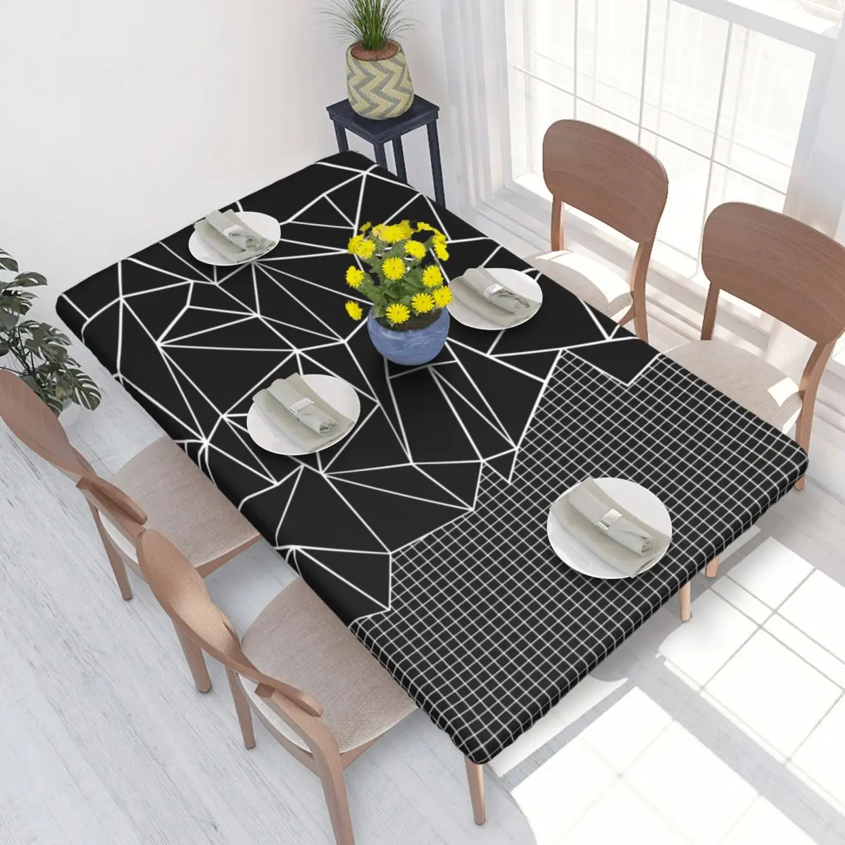 Custom Rectangular Fitted Abstract Grid On Side Black Table Cloth Oilproof Tablecloth Outdoor 4FT Table Cover