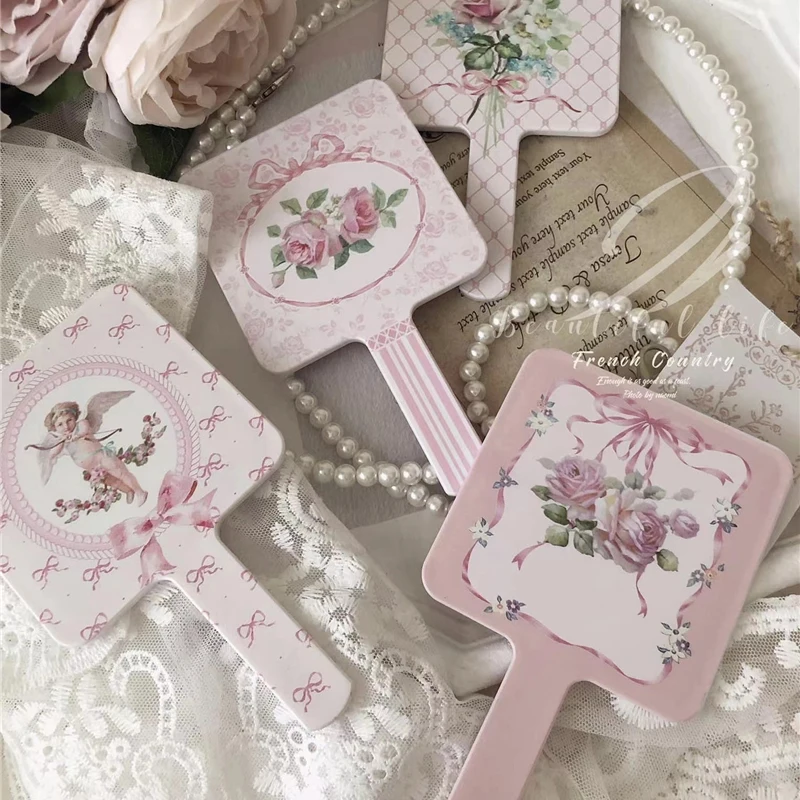 

European Simple Portable Handheld Mirror Girl Pink Rose Cute Small Makeup Mirror Home Decor Dormitory Makeup Handle Mirror