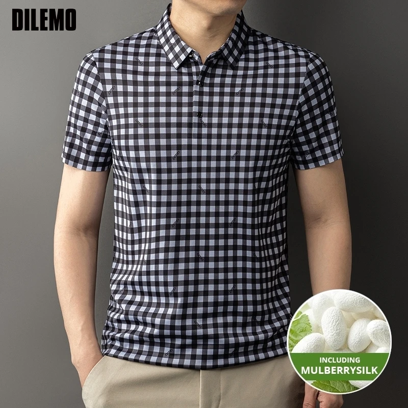 

Top Grade Mulberry Silk Anti-wrinkle New Summer Brand Plaid Polo Shirt Short Sleeve Casual Tops Fashions Mens Clothes 2025
