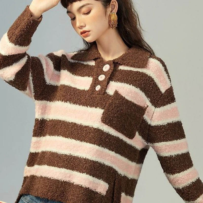 

Весна-осень 2026: Новый полосатый свитер с цветными блоками, воротником-поло, свободного кроя, больших размеров, для женщин.