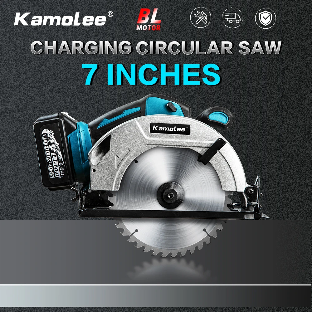 Kamolee Wireless Charging 7-inch Circular Saw 6000mA Brushless Circular Saw Woodworking Tools Compatible with Makita18V Battery 