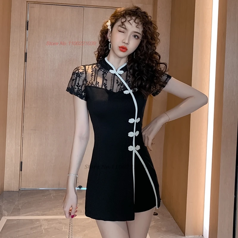 2024 traditional chinese nightclub dress beauty uniform mesh patchwork qipao dress+shorts set oriental hotel spa work dress