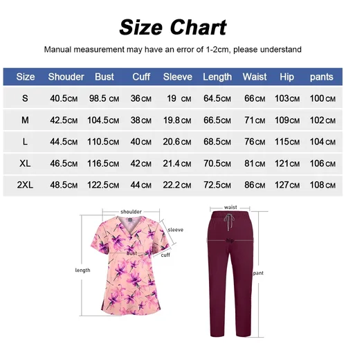 Imagen 2 del producto Venta al por mayor, conjunto de uniforme médico estampado con cuello en V, mangas cortas, bolsillos, Top, pantalones médicos suaves, conjuntos de uniformes quirúrgicos de enfermera para mujer