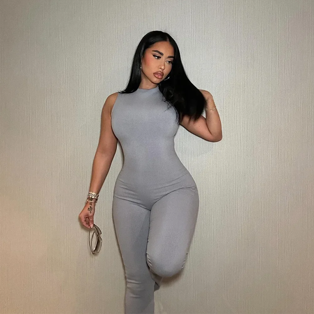 2024 New Women's Jumpsuit Round Neck Sleeveless Solid Color Flare Pants Tights Sexy Hot Girl Sports Style Club Clothing