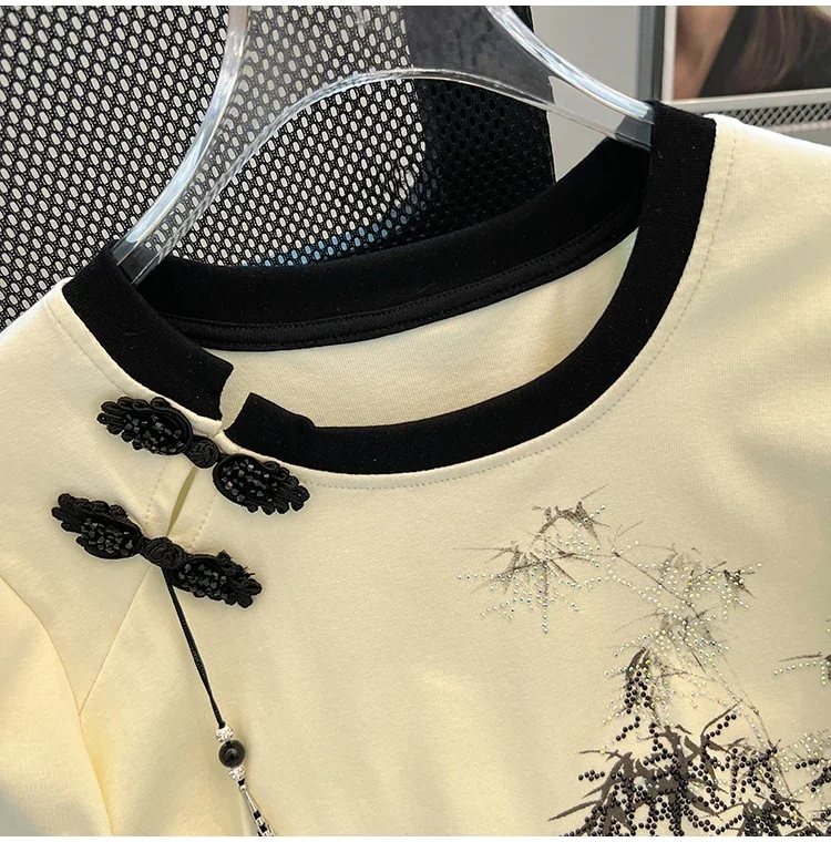 Cotton Chinese Style Women\'s T-shirt Summer Tees Short Sleeve Slim Women Tops Vintage O-necks Embroidery Korean Clothing Sales