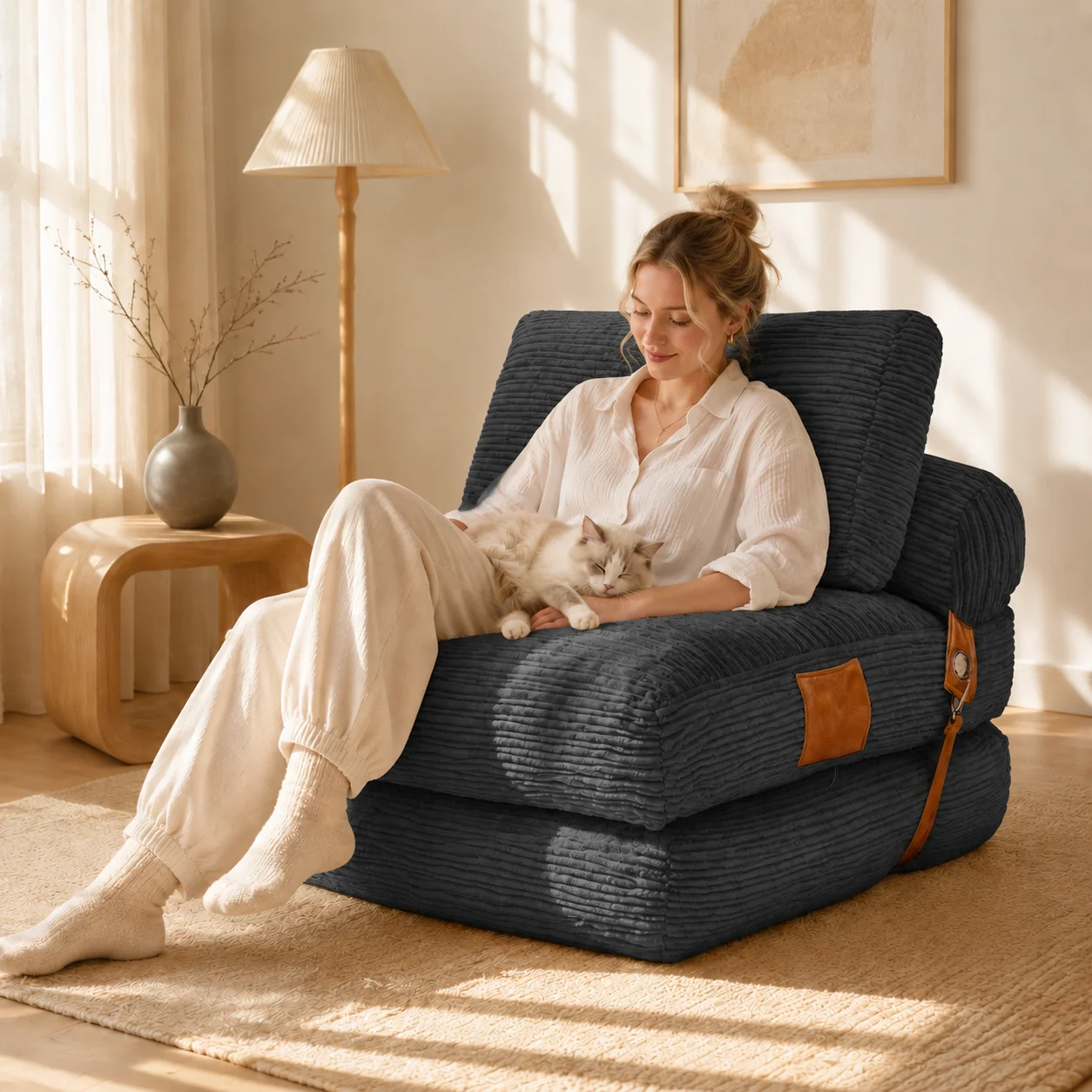 3-in-1 Corduroy Bean Bag Chair, Foldable Washable Cover Side Pockets No Assembly Living Room Bedroom
