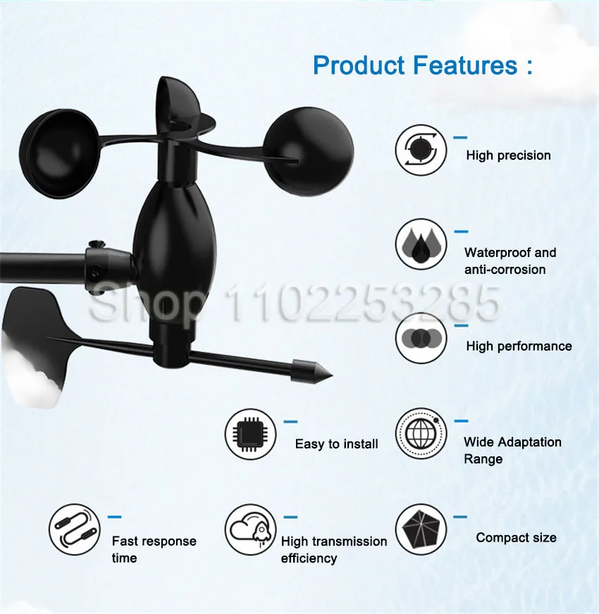 

Polycarbon Wind Speed and Direction Sensor 0-30m/s Agricultural Environment Measurement Transmitter 360 ° Weather Station