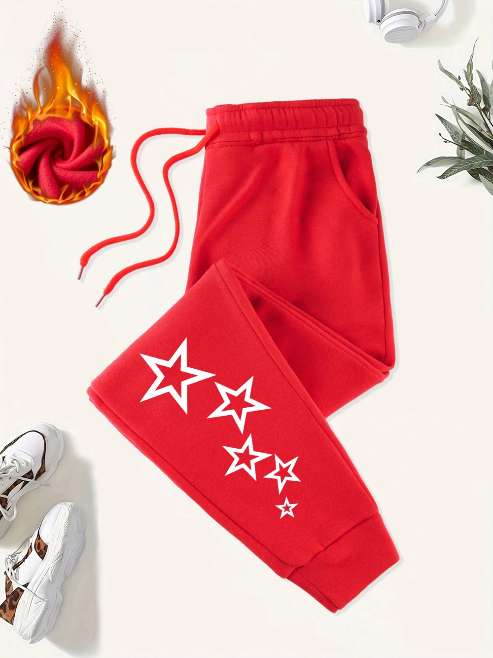 กางเกงวอร์มพิมพ์ลายดาวห้าแฉกแบบไม่สมมาตร กางเกงมีกระเป๋าสำหรับผู้หญิง กางเกงทรงหลวม ผ้าฟลีซอุ่น กางเกงขายาวสำหรับฤดูใบไม้ร่วง สไตล์สตรีทแวร์สำหรับผู้หญิง