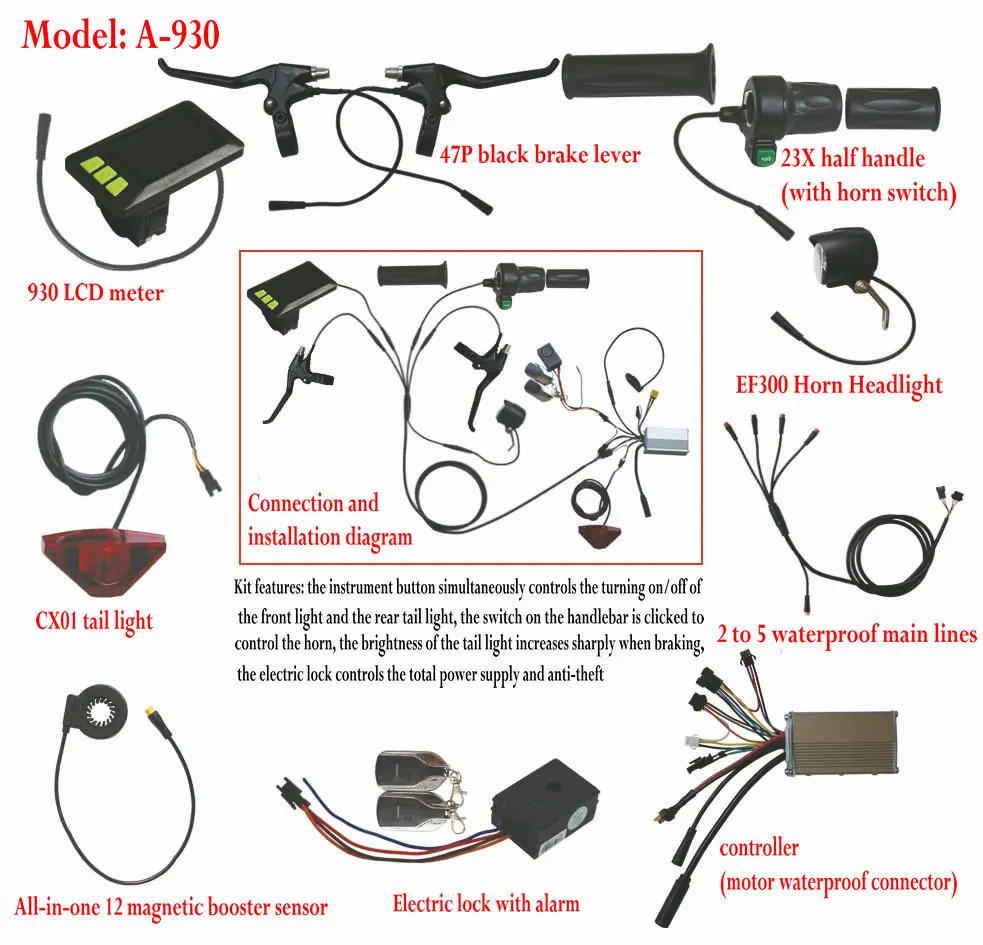 Electric Bicycle Waterproof Kit MTB Moped Accessory 6 Mosfet Controller 250w350w+Instrument 930+Headlight+Tail Light+brake Lever