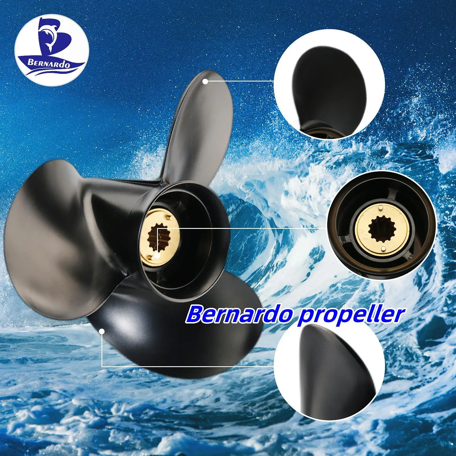 Bernardo Boat Propeller 10 1/8x15 Fit Mercury Outboard Engine 25 30 40 45 48 50 55 60 70HP Motor Aluminum 3 Blade13 Tooth Spline