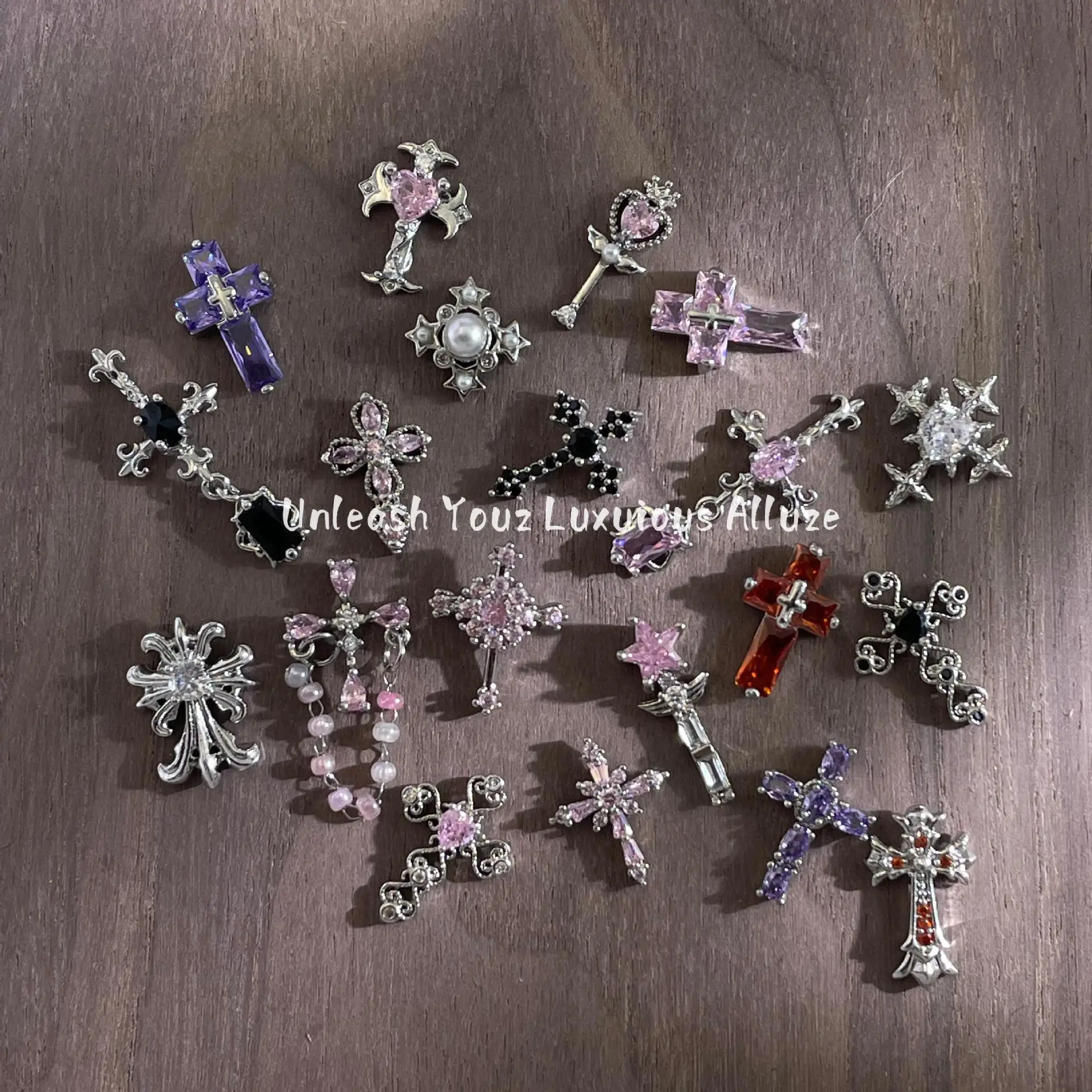 

5 Pcs Colorful Zircon Cross Decoration y2k Metal Style Rhinestone Cross Nail Art 3D Three-Dimensional Nail Accessories