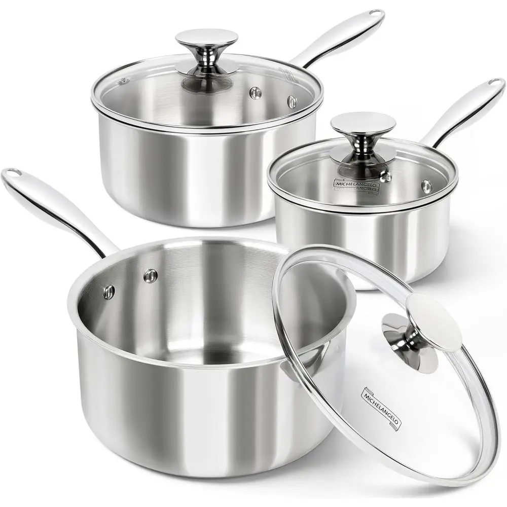 

Triply StainlSteel Sauan Set with Lids 6pcs, StainlSteel Pot Set, Kitchen Pot Set Induction Compatible, 1QT & 2QT & 3QT
