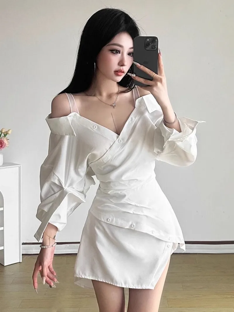 White Women Shirt Dresses Sexy Korean Fashion Off Shoulder Irregular Solid  Turn Down Collar Slim Short Mini Dress V Neck Summer - AliExpress 200000345