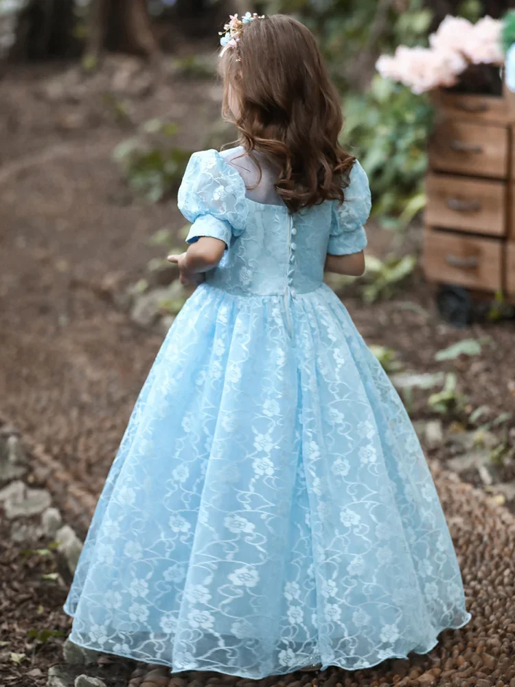 

Flower Girl Dresses Sky Blue Rose Appliques Short Sleeve For Wedding Birthday Party Banquet Holy Communion Gowns