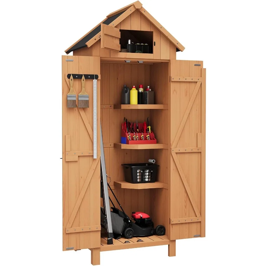 Outdoor Storage Cabinet for Yard Deck Lawn Farmland, Wooden Vertical Garden Tools Shed in Brown, Waterproof and Lockable with 3