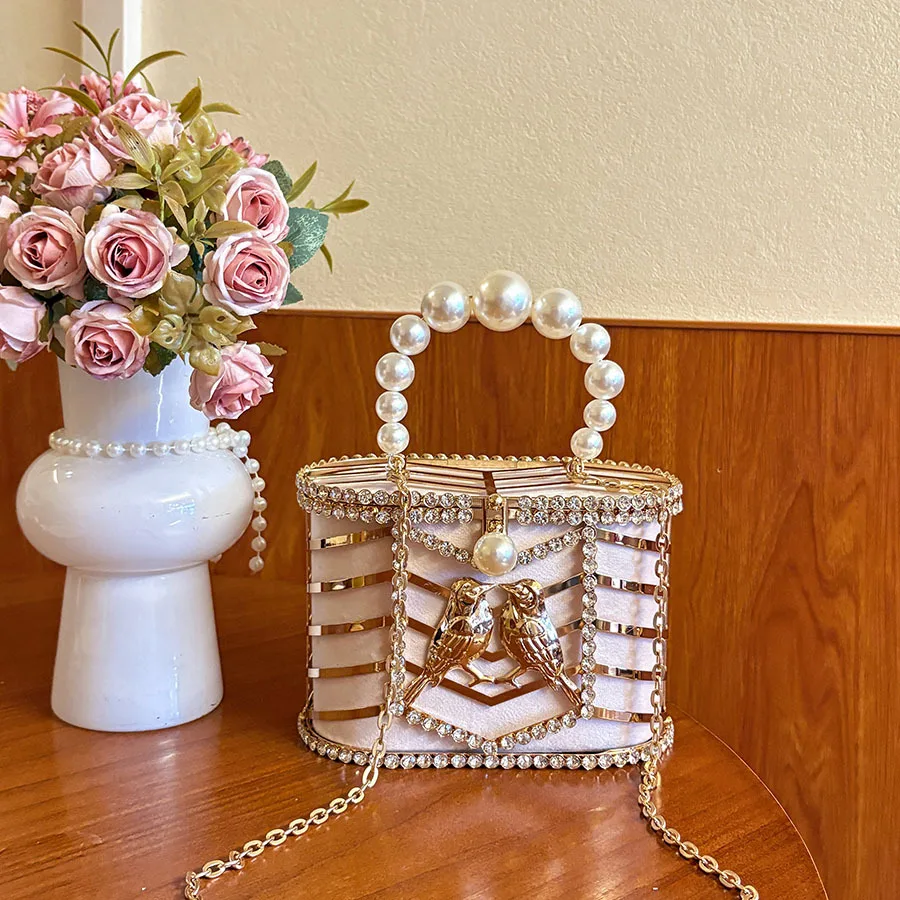 Vintage Pearl Evening Bags For Women Chain Shoulder Crossbody Bags Hollow Out Diamond Female Square Bucket Bags