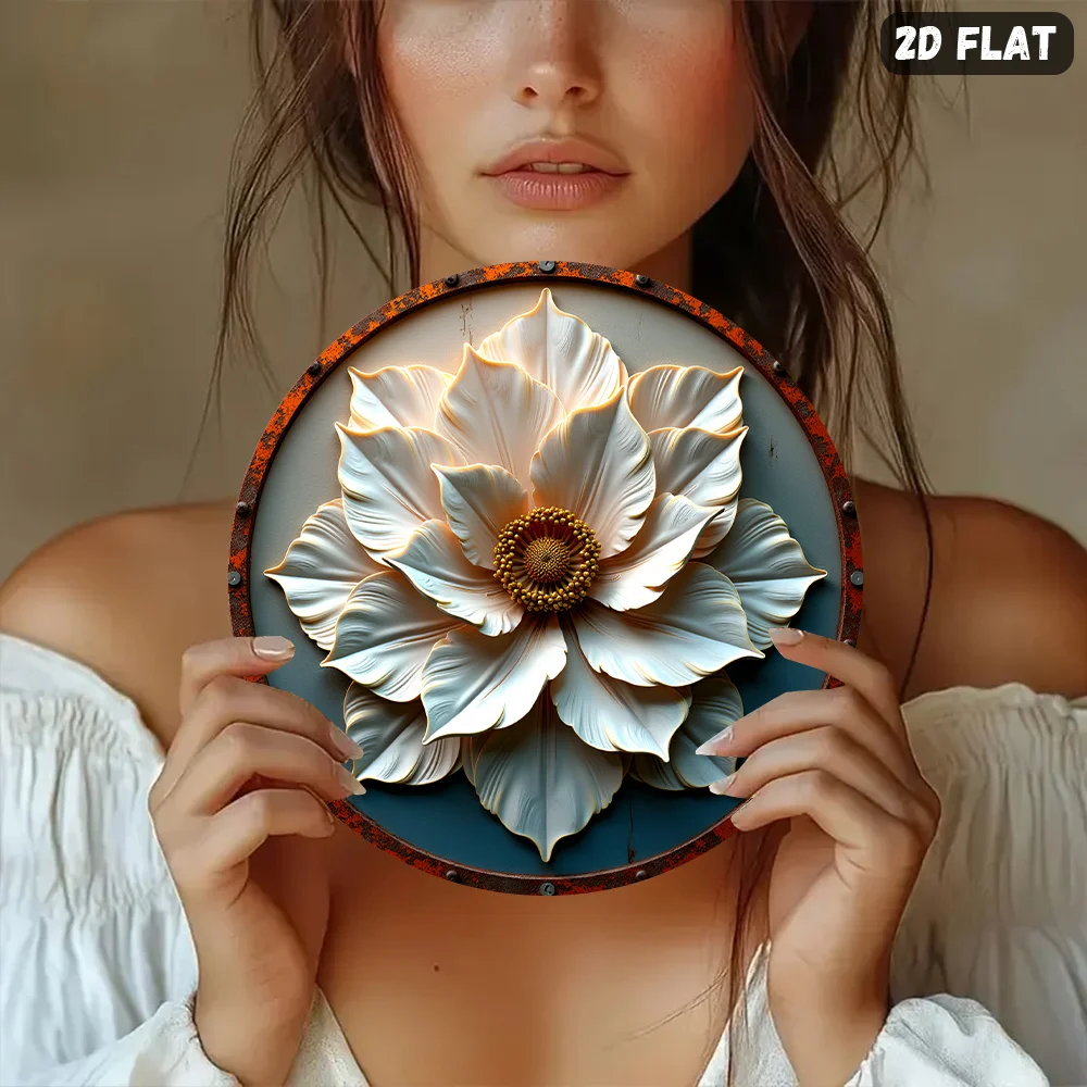 Vintage 8in Blue Round Floral Wall Sign, White Flower Aluminum Metal Art for Kitchen Garden Office, Easy Mount Decorative Plaque