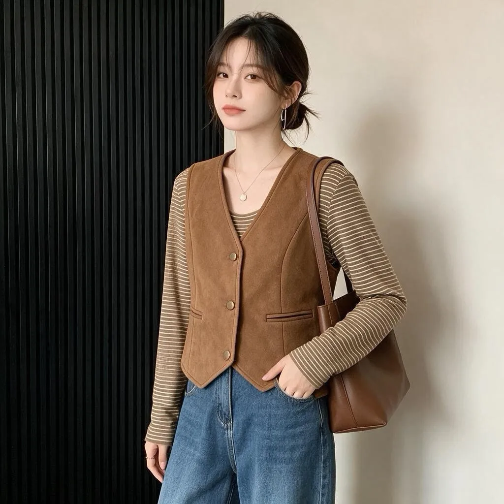 Suede Vest Casual Style Sleeveless Women's Jacket Single Button Design Autumn Winter Slimming Versatile Fashion Outerwear