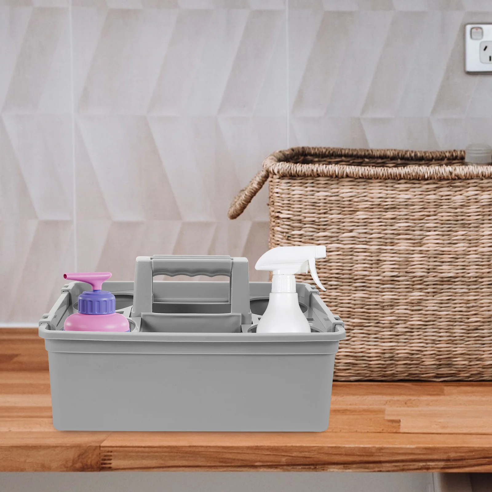 

Handle Cleaning Supplies Basket Multipurpose Organizer Plastic Storage Container Ergonomic Tote Compartments Spray Bottles