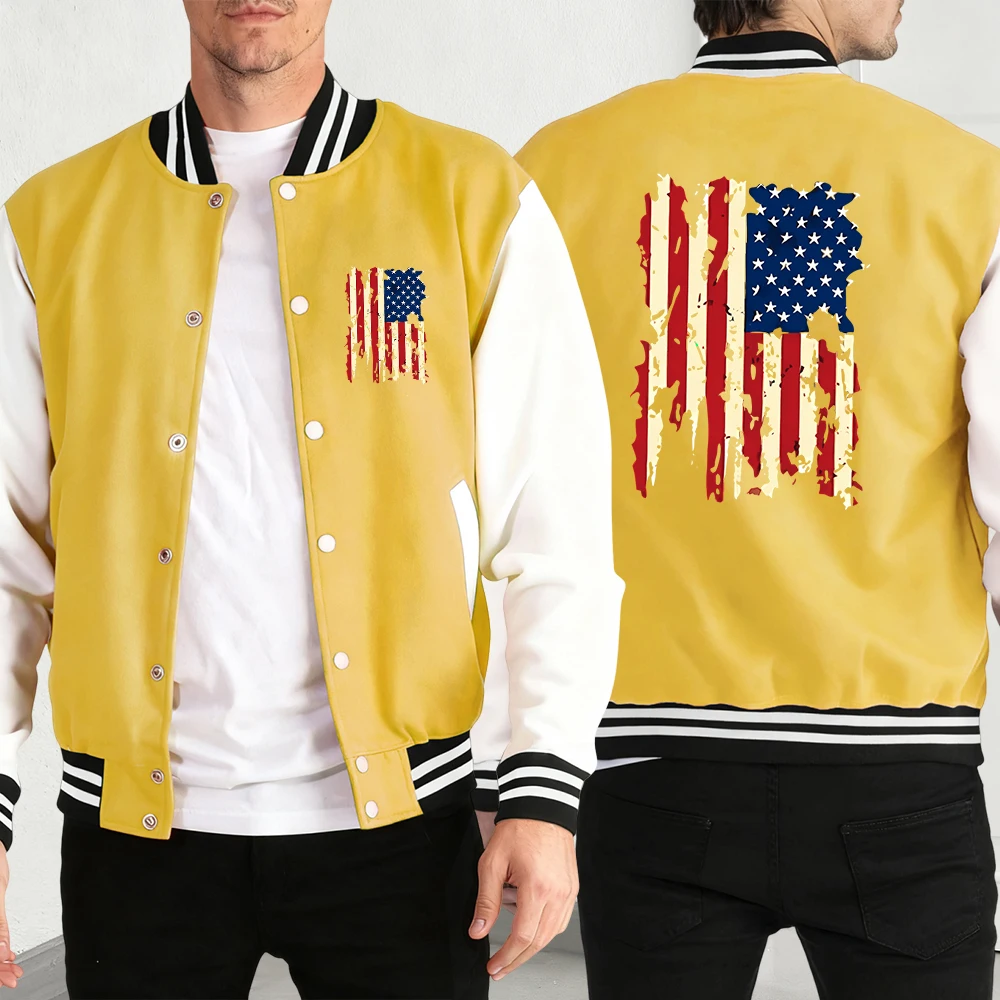 

Бейсбольный трикотаж с принтом американского флага в стиле ретро, мужское мягкое пальто в стиле ретро, модные американские куртки, осенний флисовый унисекс, разноцветный свободный топ