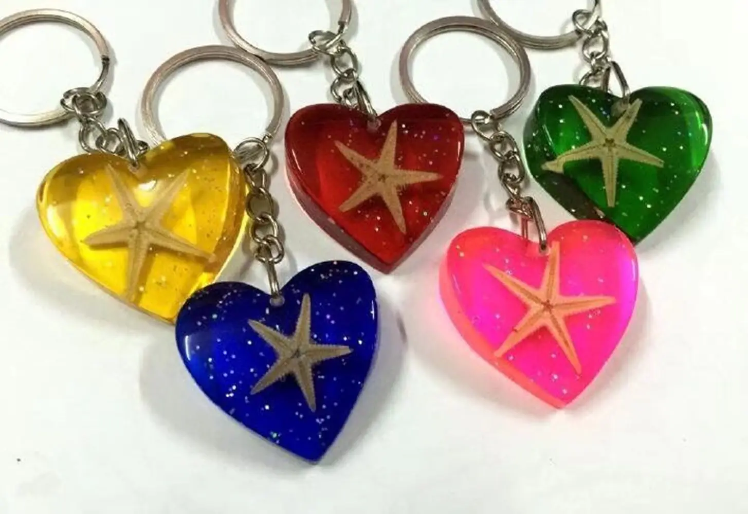 12 pcs keychain real starfish jewelry heart shape mixed color key ring