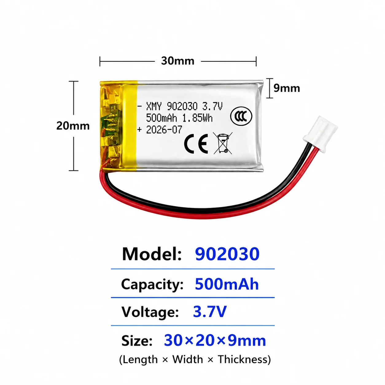 2PCS 3.7V LiPo Battery 500-4000mAh 902030 102050 103450 104050 974058 124065 Rechargeable with Protection Board PH2.0 Plug