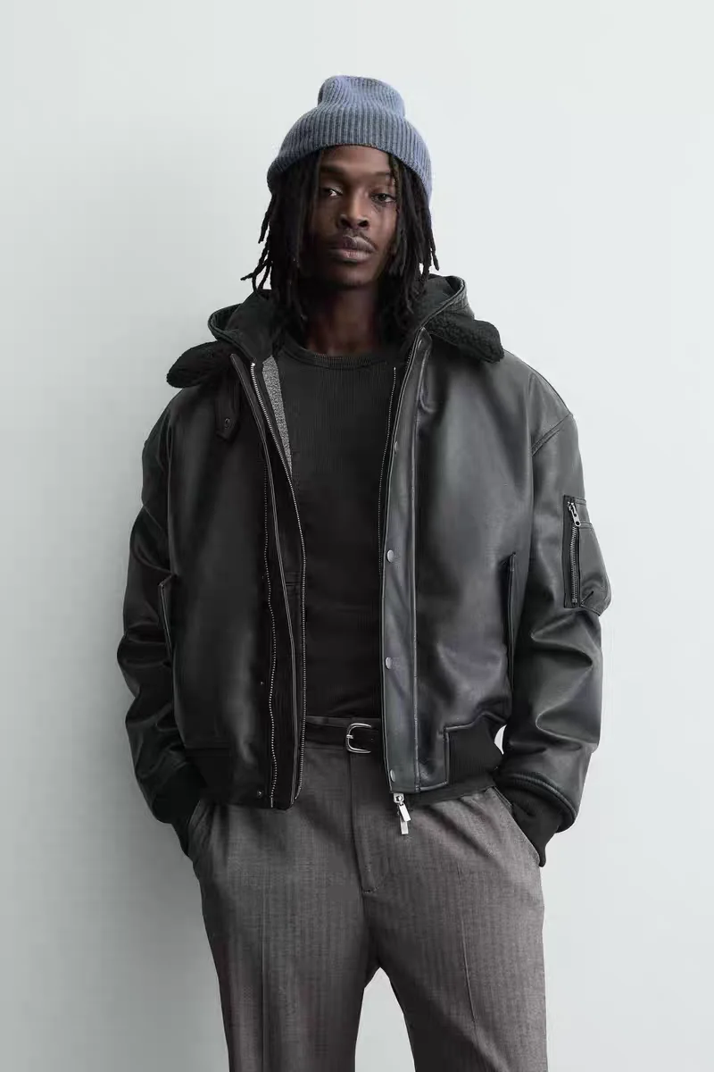 

Новая зимняя мужская куртка с отстегивающимся воротником, имитация кожи, повседневный городской стиль, хлопок/полиэстер, длинный рукав...