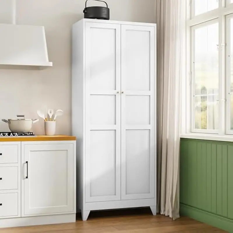 75 H Tall Metal Storage Unit with Two Doors and Four Adjustable Shelves Ideal for Kitchen Pantry Bar Utility Room Bathroom Offic