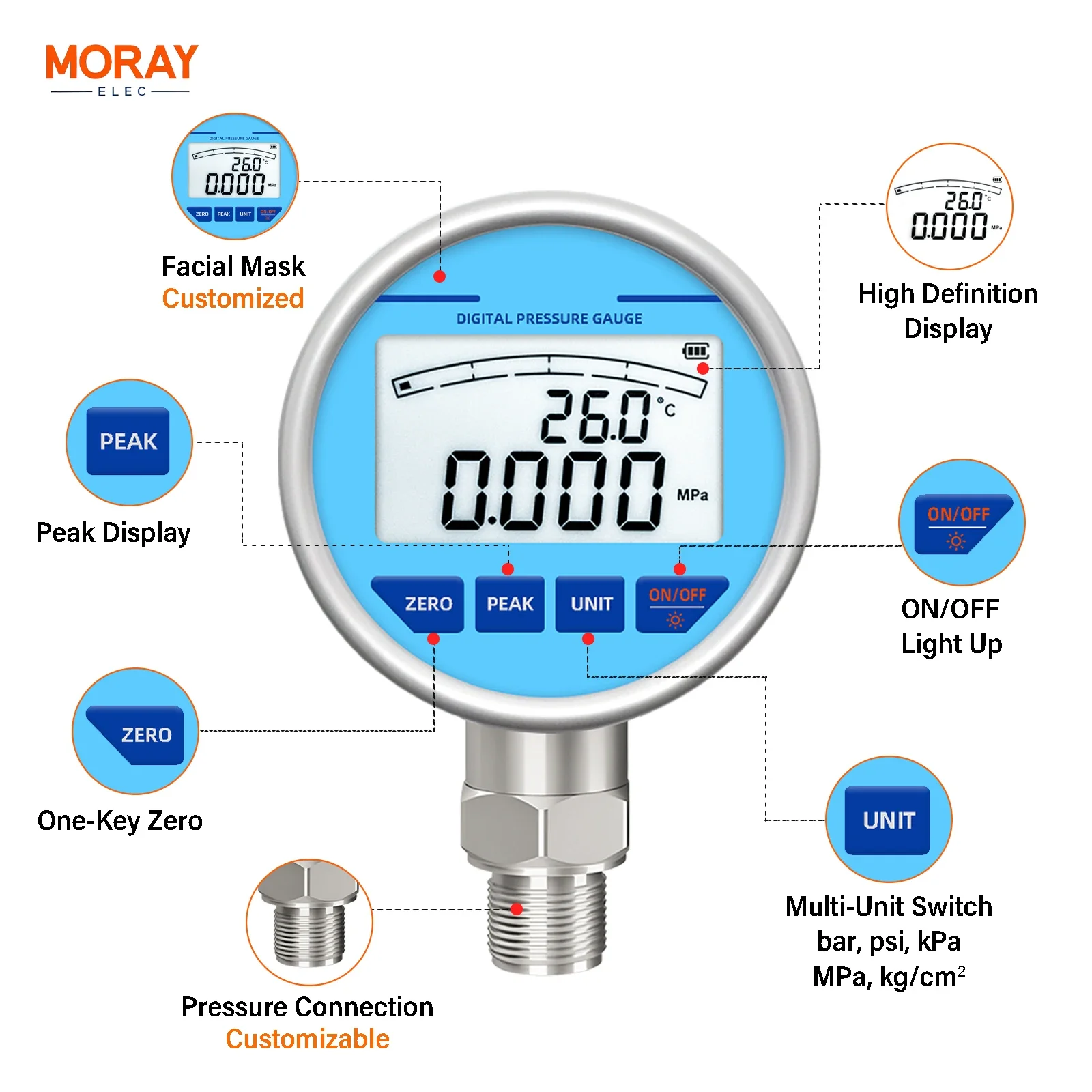 ME260P LCD Meter Digital Manometer High Accuracy 250bar General Pressure Sensor Water air Digital Pressure Gauge