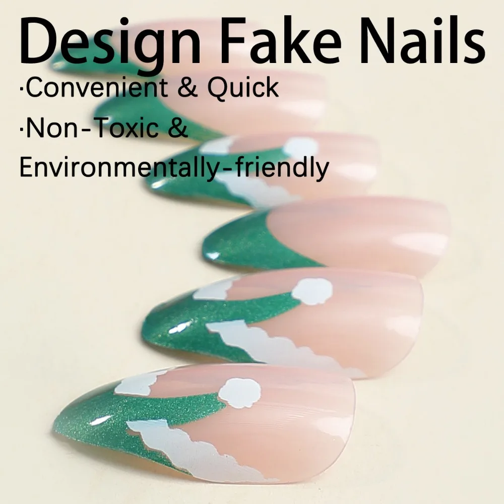 Fashion Christmas French Fake Nails Wearable Manicure Full Cover Press on Nails Almond Nail Tips Women