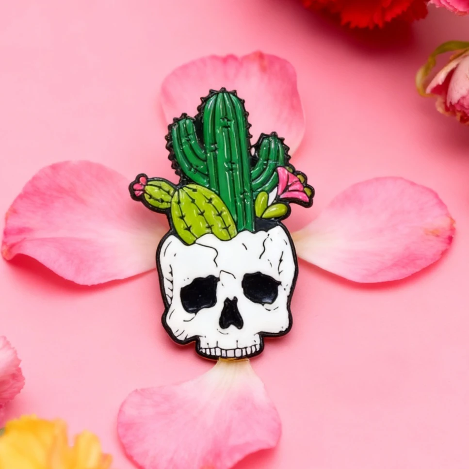 Vintage Gothic Skull Cactus Enamel Pin - Cute Floral Plant Lover Brooch