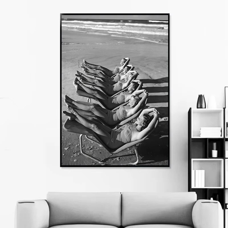 Black and White Women Sunbathing on Beach Surf Girls Photography Poster Canvas Painting Wall Art Pictures Home Interior Decor