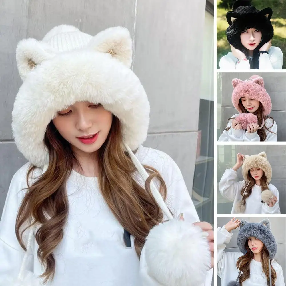 

Ladies Winter Hat Thick Plush Ball Cartoon Ear Hat Knitted Thickened Ear Protection Sequin Elastic Drawstring Lady Outdoor Cap