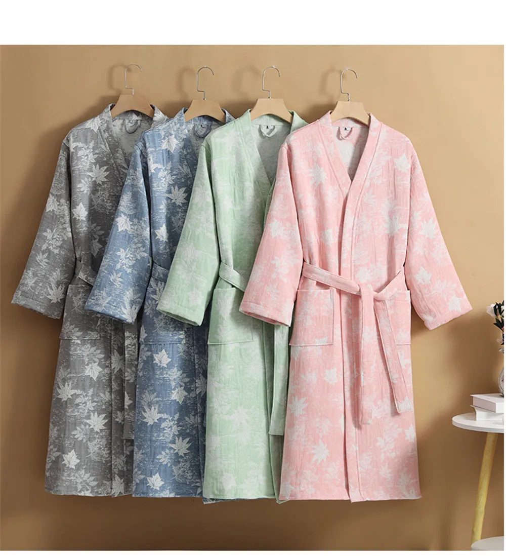 Women Men Pajamas Couples Bathrobe Four Layers Gauze Cotton Men's Bathrobe Loungewear Sleepwear